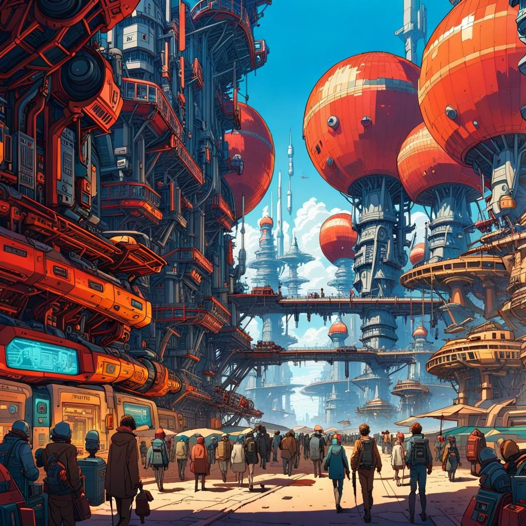 Sci-Fi Cityscape with Mechs in Anime Style