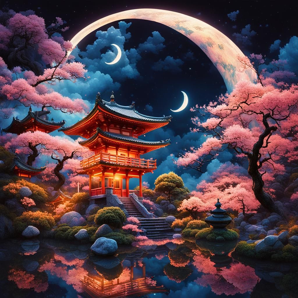 Psychedelic Sakura Moon Garden at Night