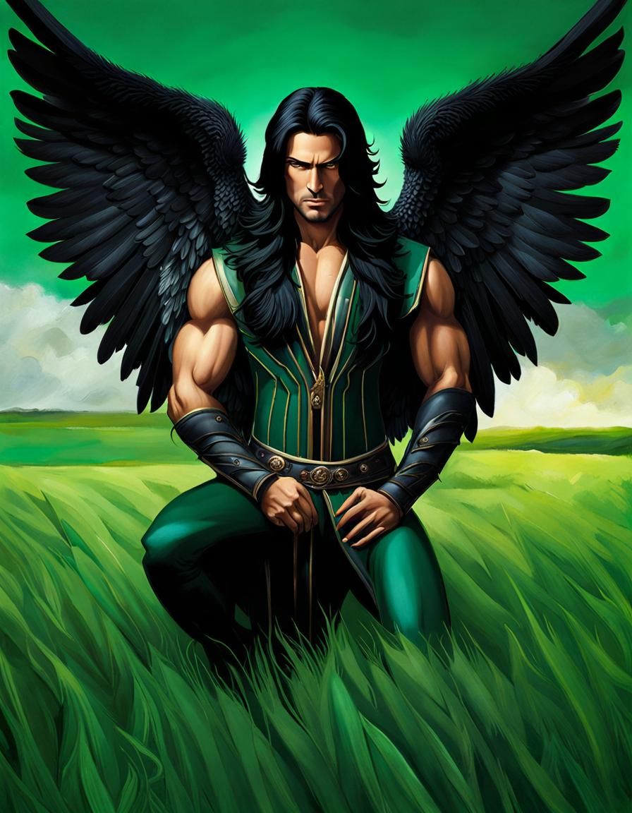 Fallen Angel Kneeling in a Green Field