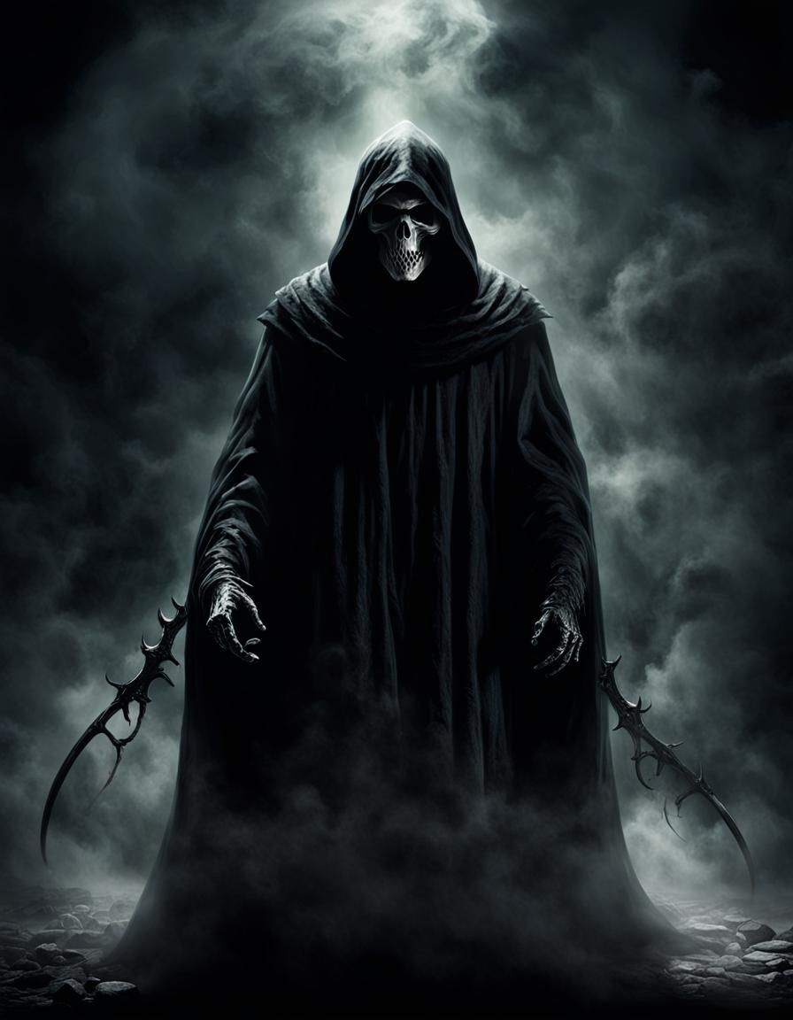 Ominous Reaper in Shadow, Hyperrealistic Splash Art