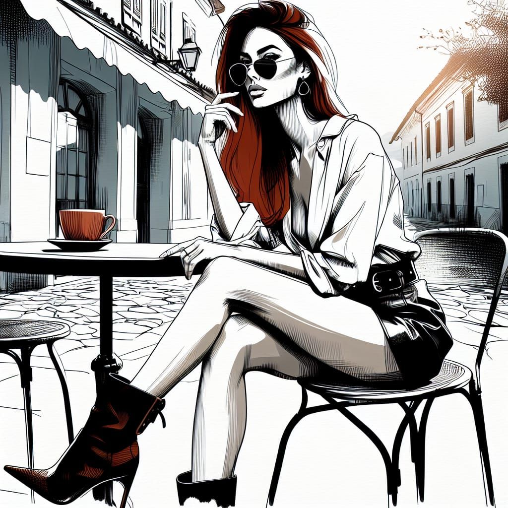 Elegant Redhead in Sumi-e Style at Cafe