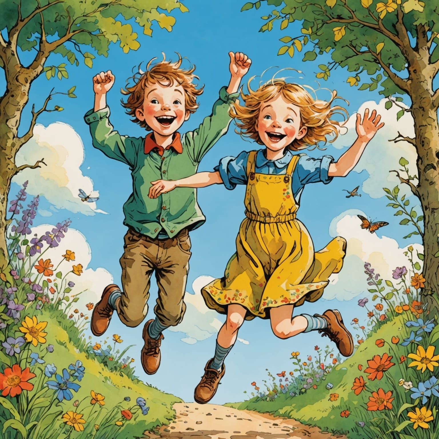 Cheerful Children Jumping in Colorful Illustration Style