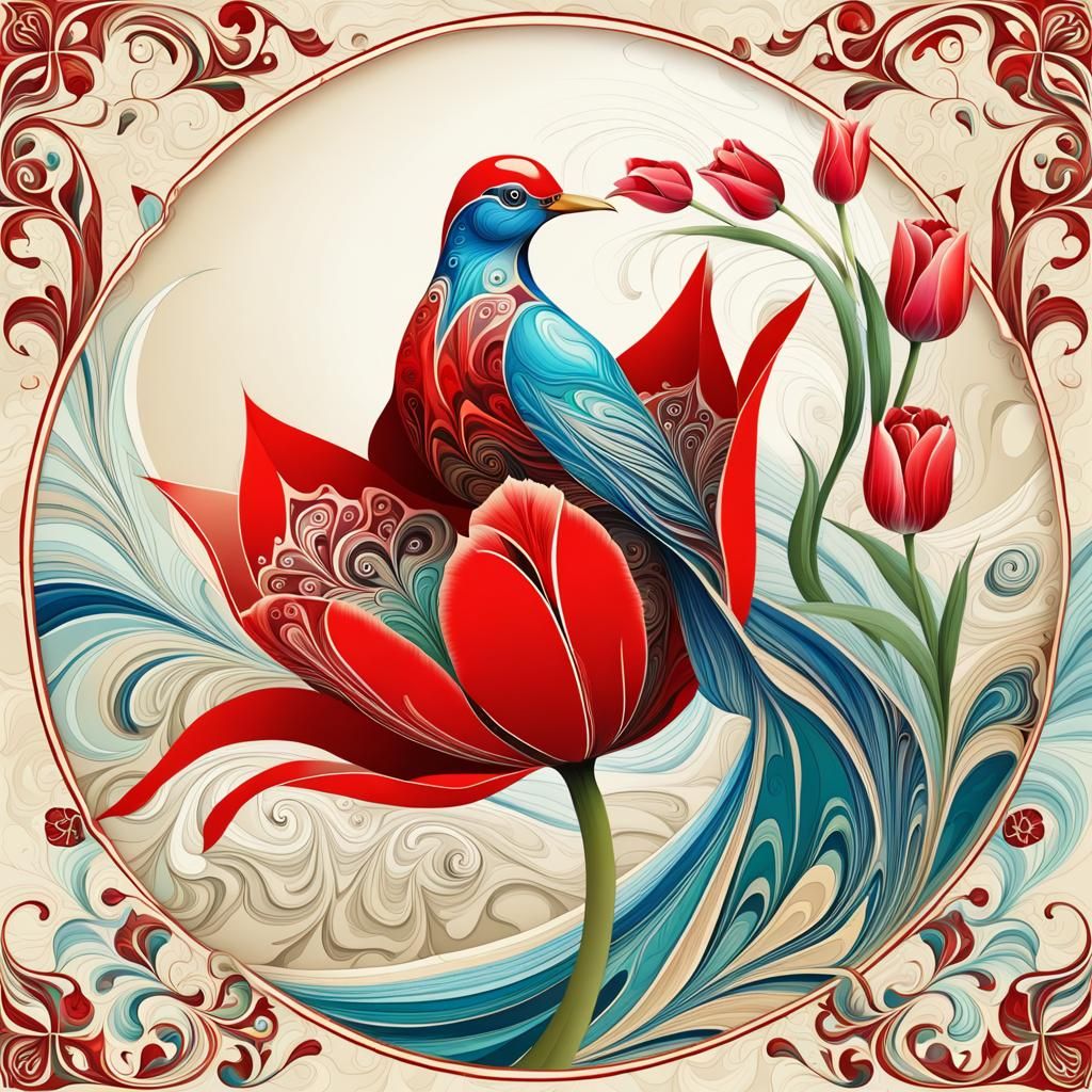Ottoman Miniature: Bird, Tulip, Rose on Ebru Art