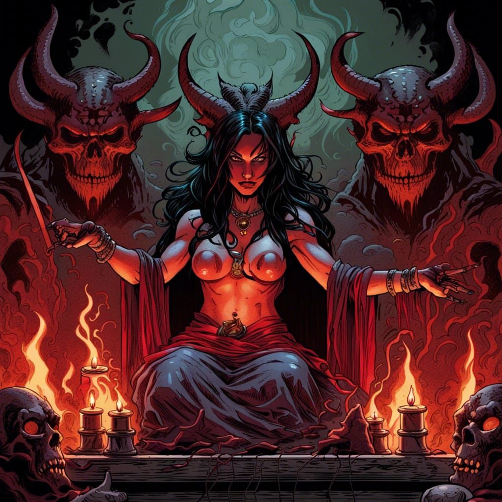 Hell Demon Witch on Ritual Altar: Comic Book Art
