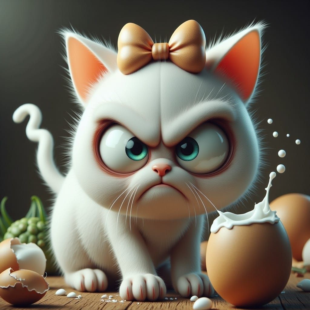 Sad White Cat with Punk Bow in Cow Farm