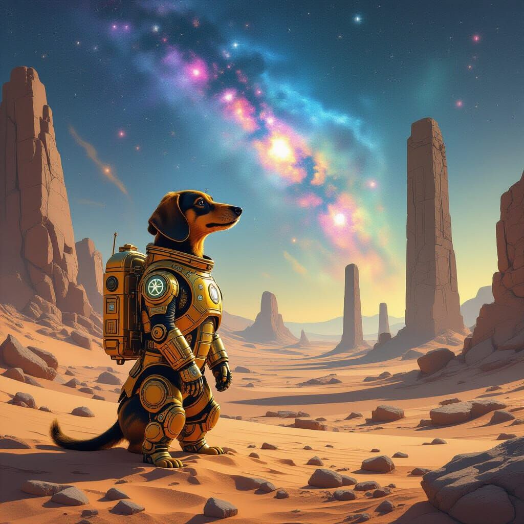 Dachshund Explorer on Alien Planet in Sci-Fi Concept Art