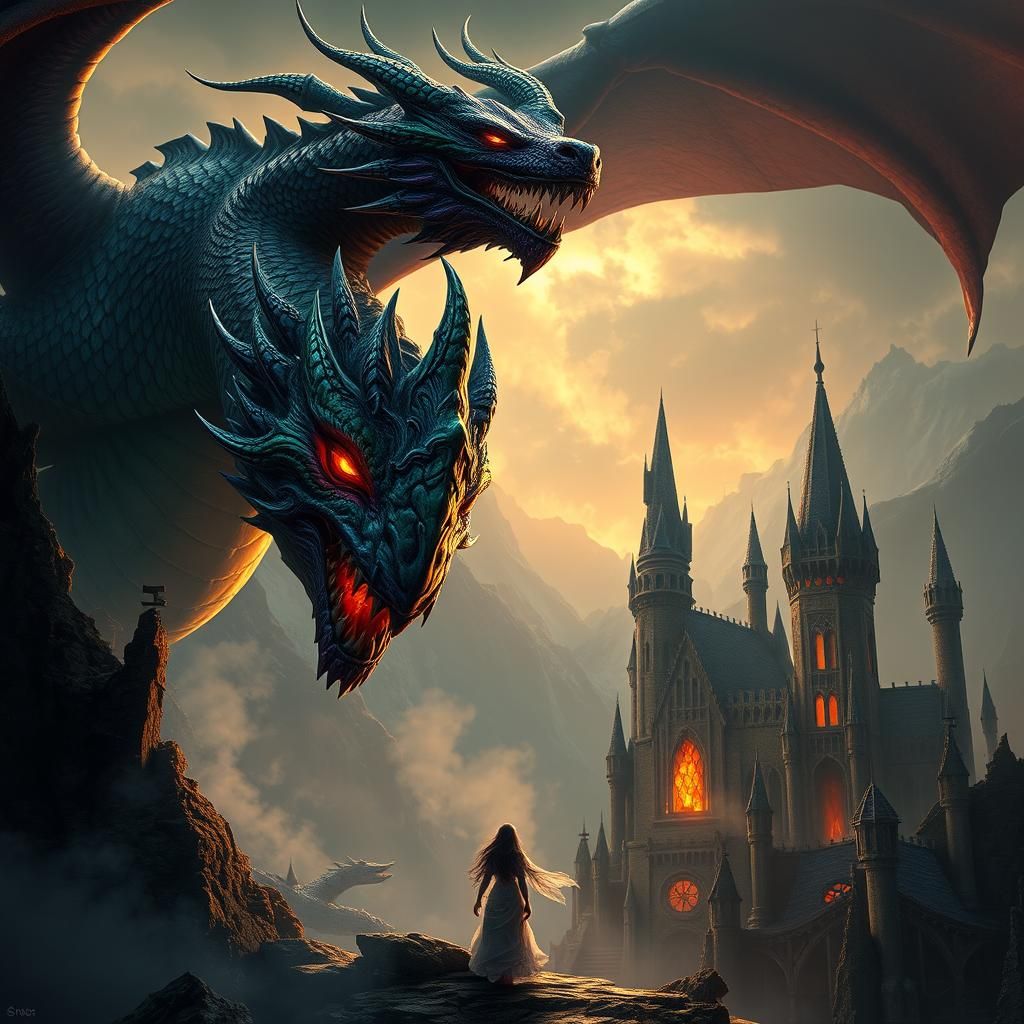 Mist Dragon Towers Over Elf Maiden in Gothic Castle