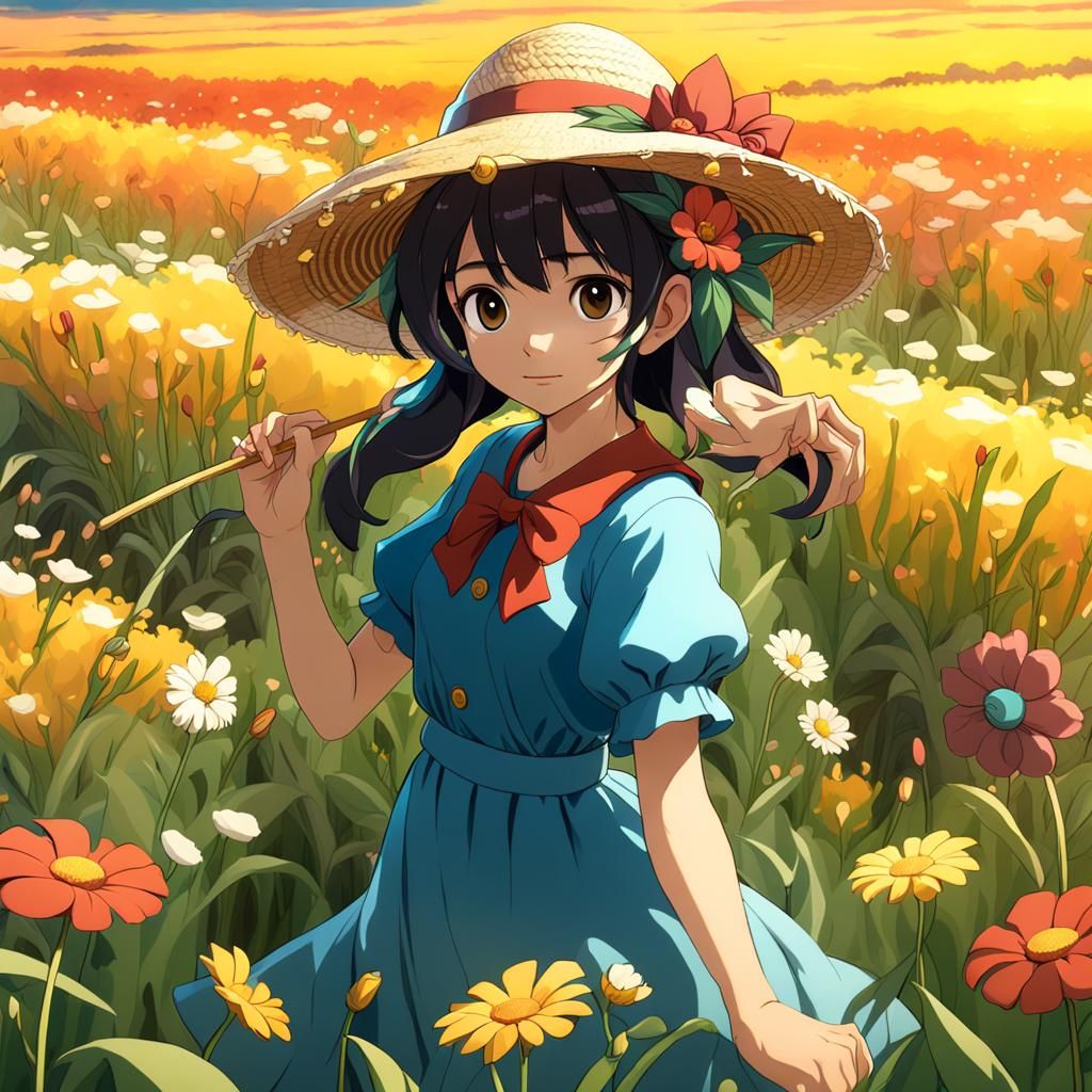 Ghibli-Style Girl in Flower Field: Detailed Matte Painting