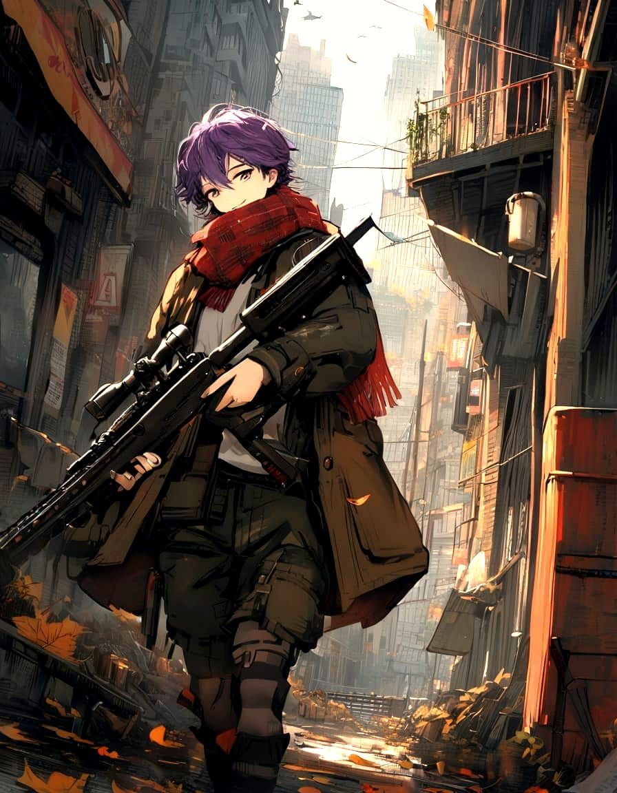 Cyberpunk Sniper on Rooftop Amidst Autumn Post-Apocalyptic C...