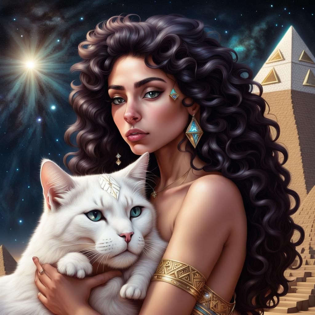 Affectionate Cat Cuddles Woman on Diamond Planet