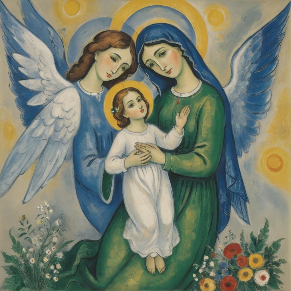 Angelic Vision of Virgin Mary in Chagall Style