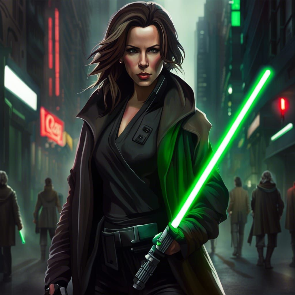 Rogue Jedi Knight With Lightsabers in Cyberpunk City