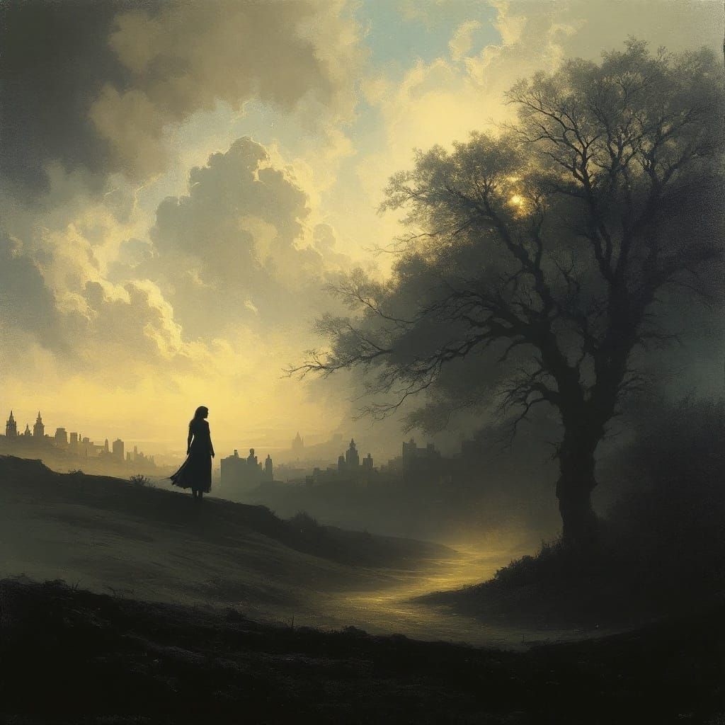 Romantic Landscape Painting with Dramatic Silhouettes