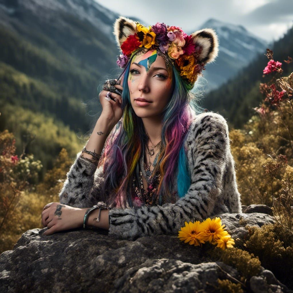 Hyperrealistic Portrait with Tiger Ears in Pride Colors