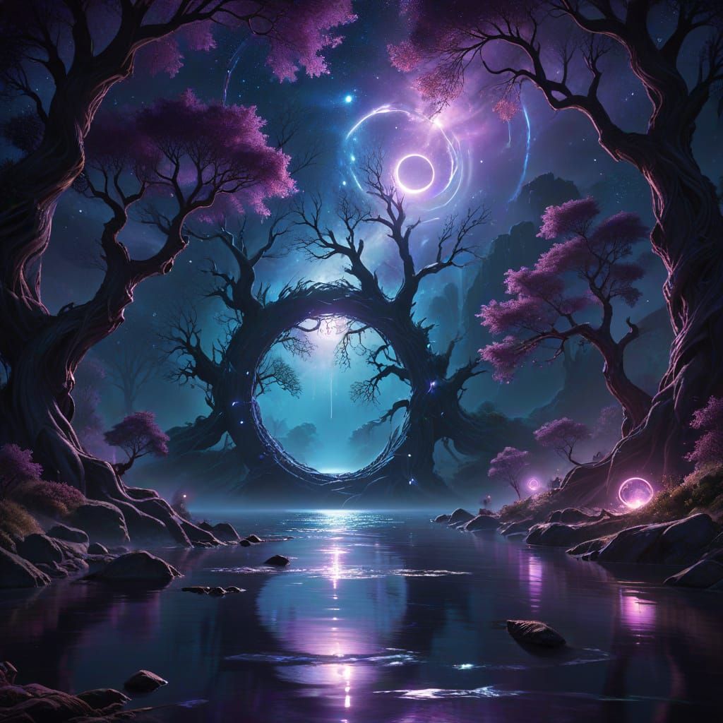 Mystical River Flows to Portal Under Black Sun