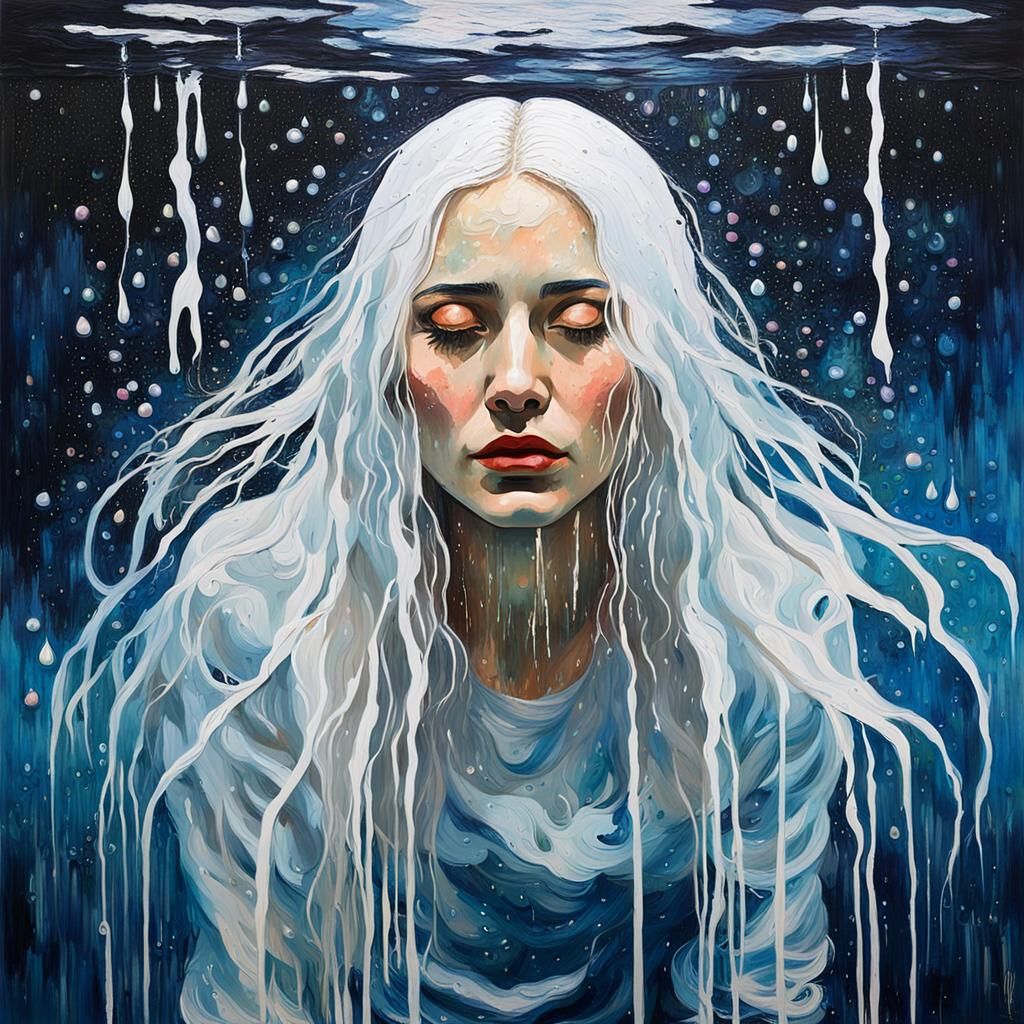 Ethereal Girl in Water: Neo-Impressionist Painting