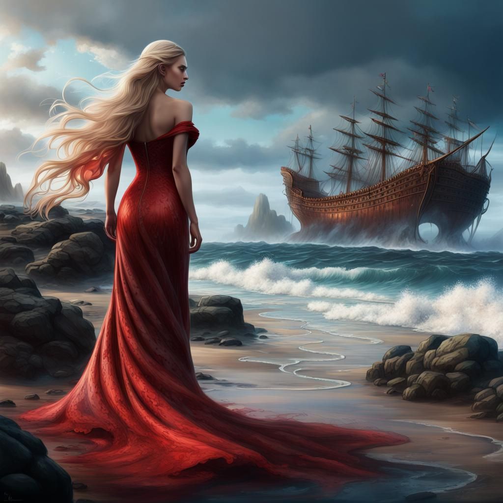 Seaside Lady with Flowing Hair, Detailed Digital Art