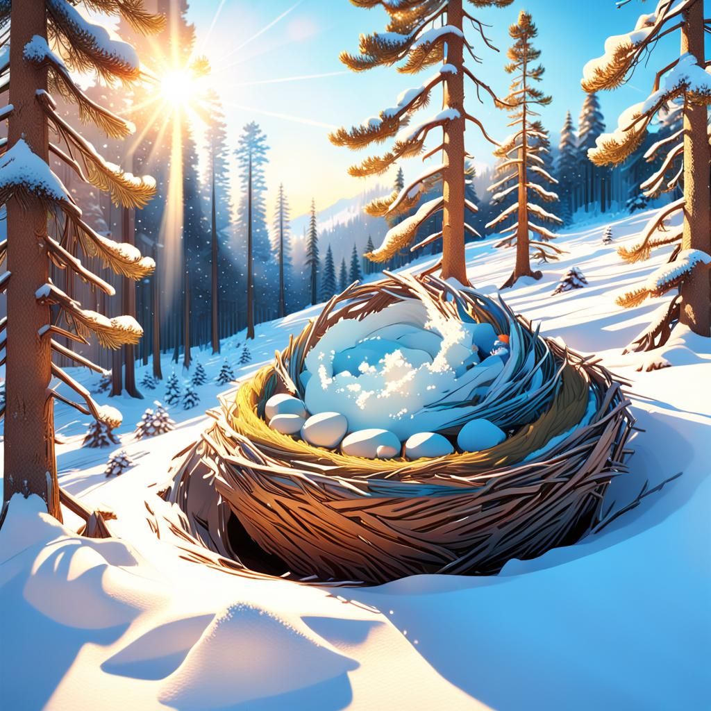 Shimaenaga in Snowy Nest Under Sunlight