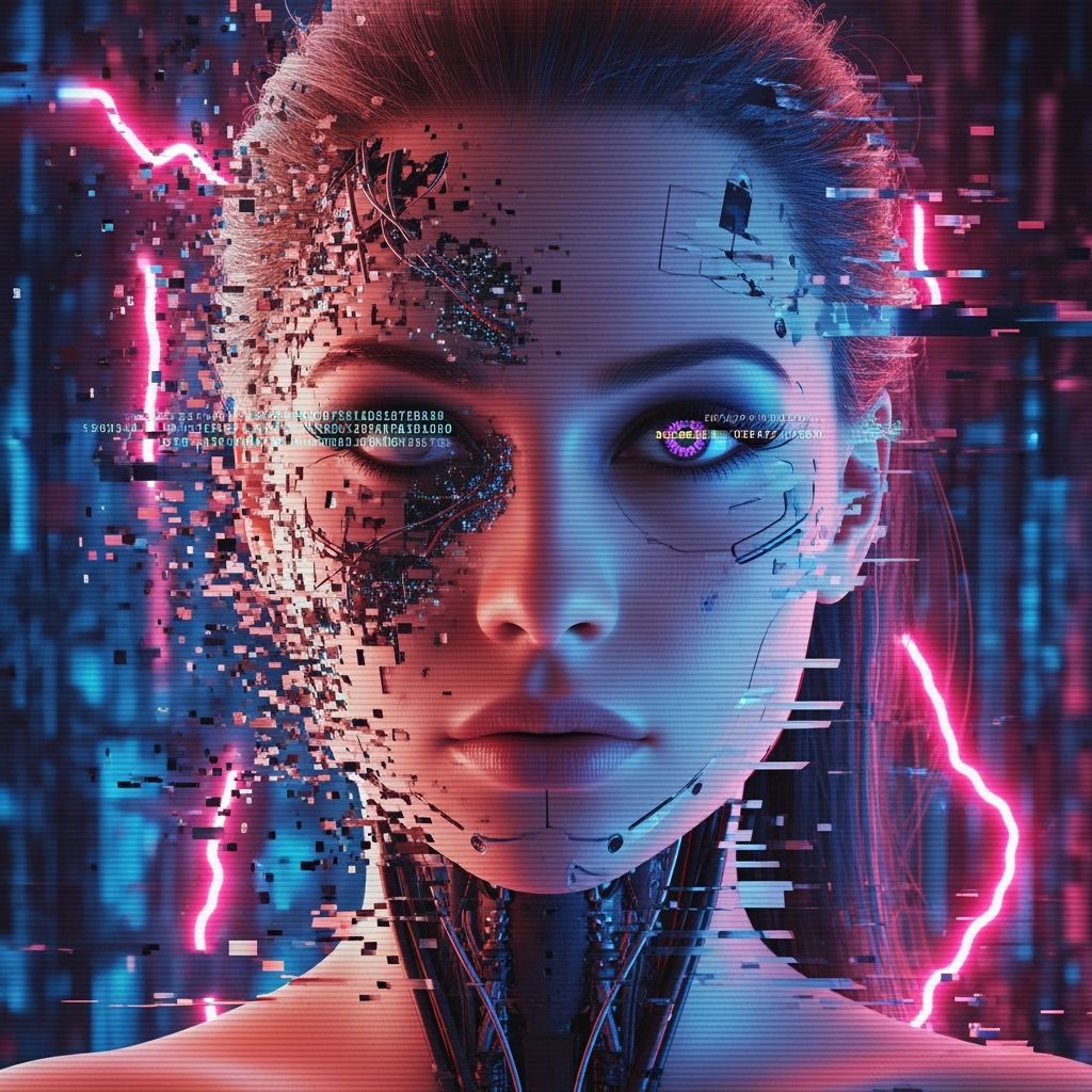 Glitched Cybernetic Woman in Cyberpunk Style
