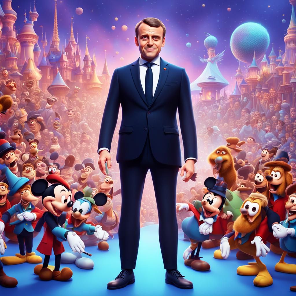 Macron and Disney Characters in Pixar 3D Art