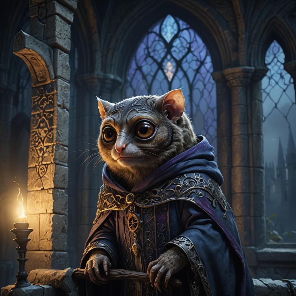 Tarsier Visits Gothic Castle in Dark Fantasy Art