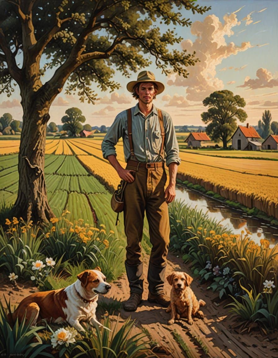 Dutch Farmer's Golden Hour Field Work in Impasto Oil Paintin...