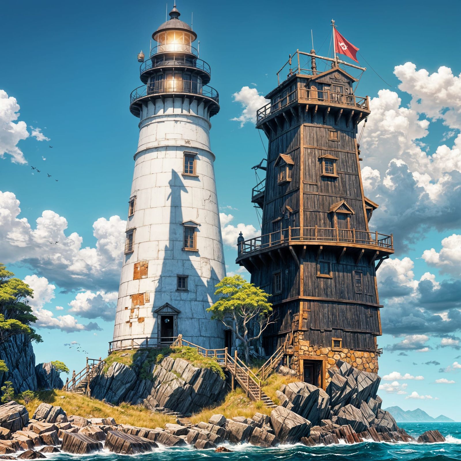 Anime Style Lighthouse with Pirate, 3D Rendered