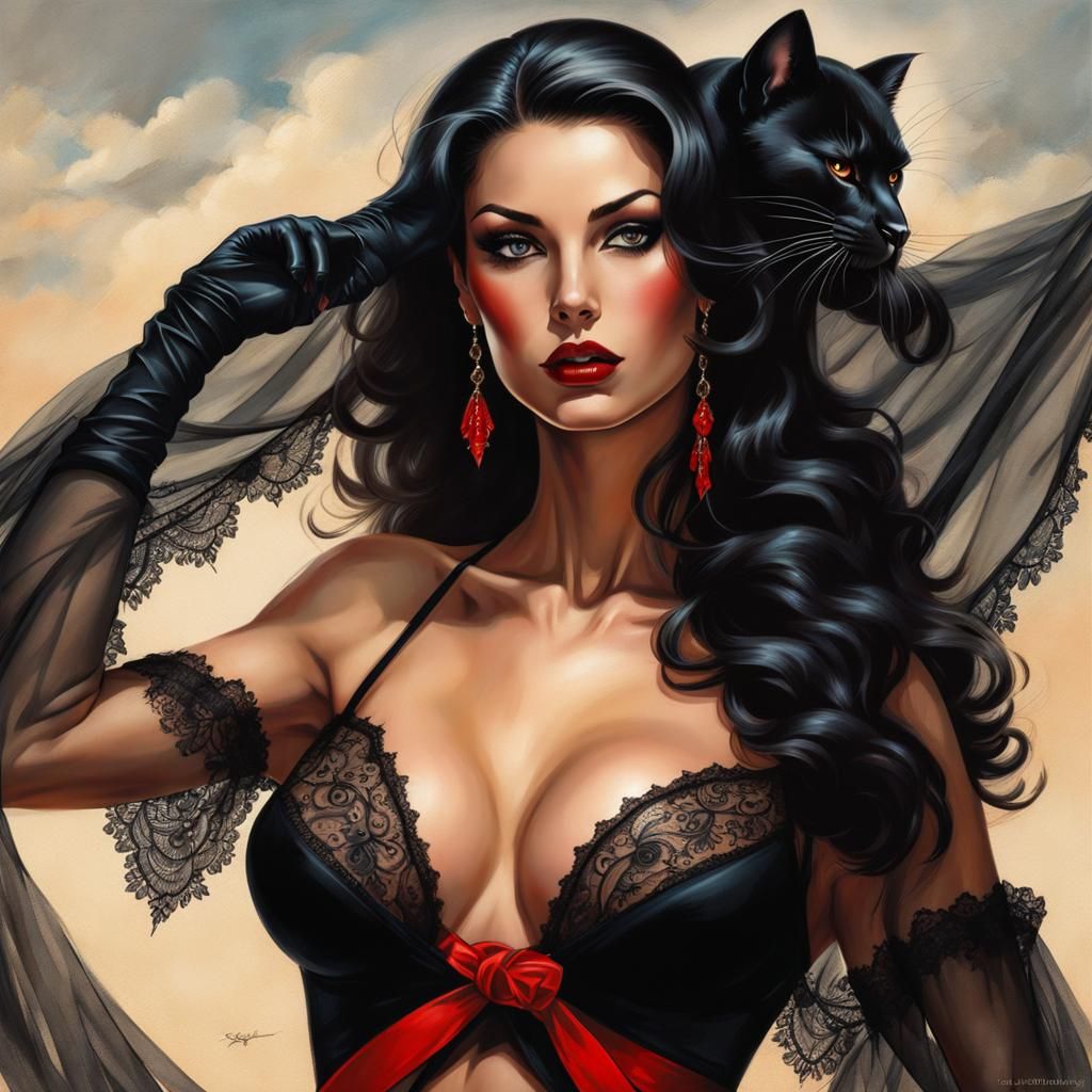 Beautiful Woman in Black Bikini with Tulle Lace