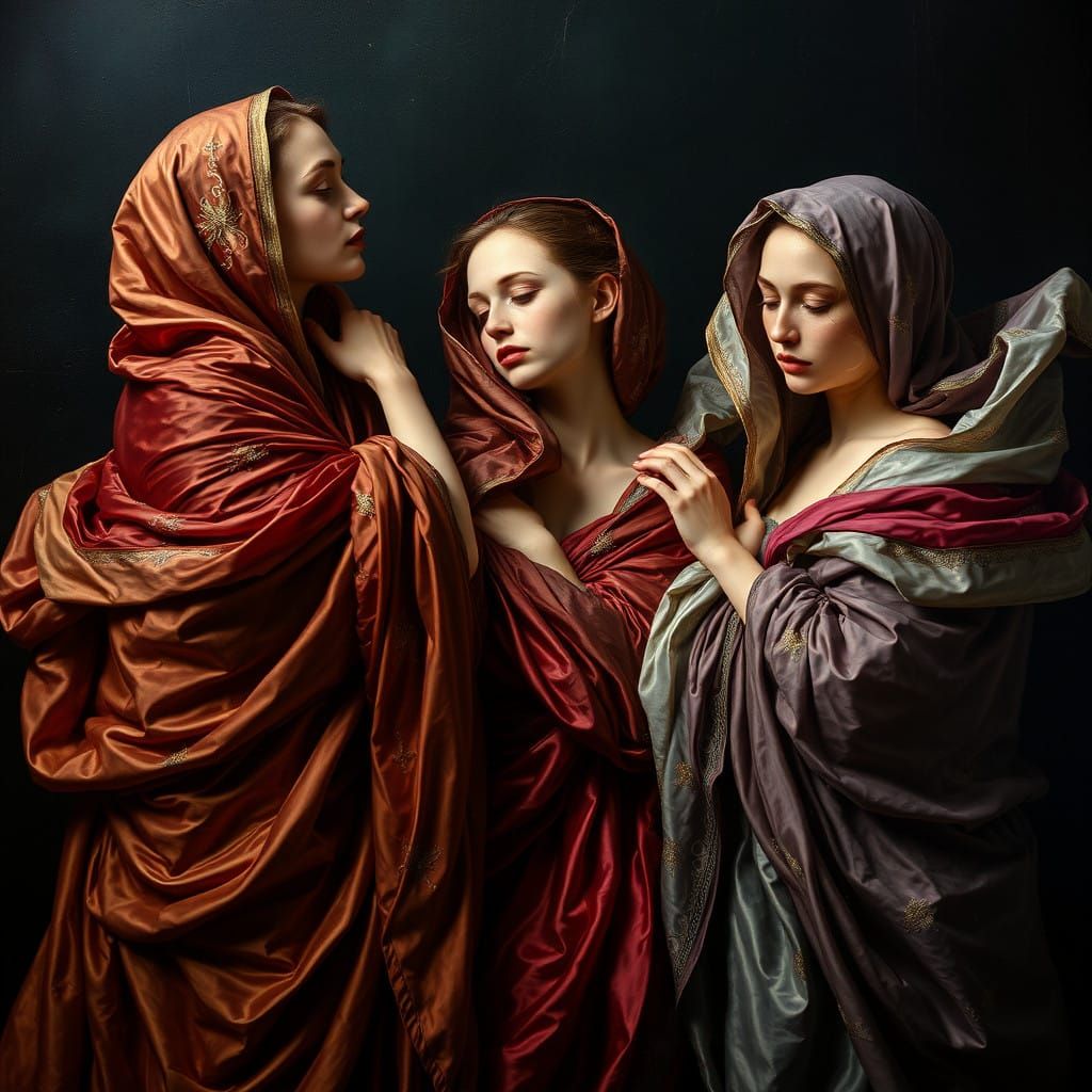 Women in Vibrant Baroque Attire, Radiant with Soft Light