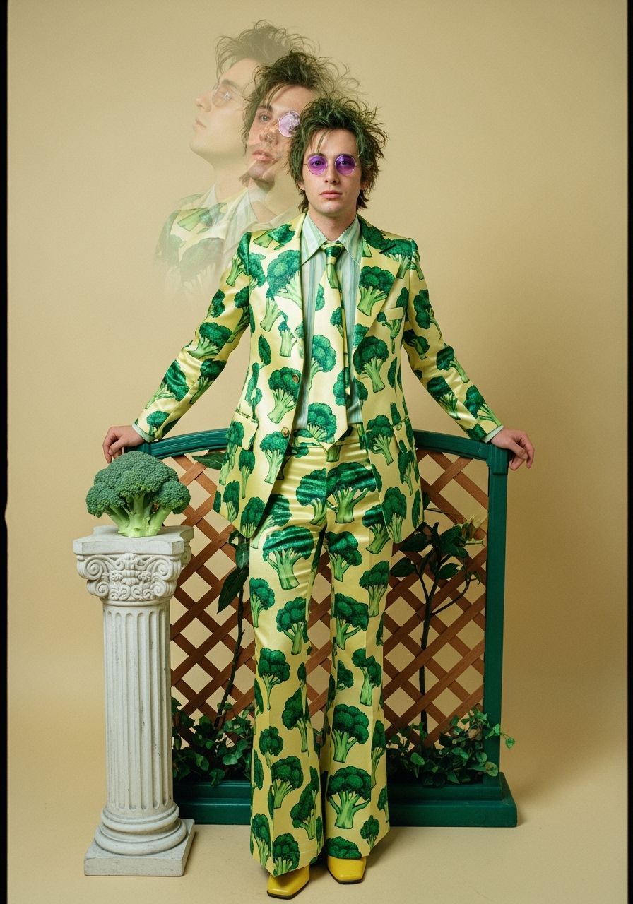 1970s Mall Portrait of a Man in Broccoli Suit