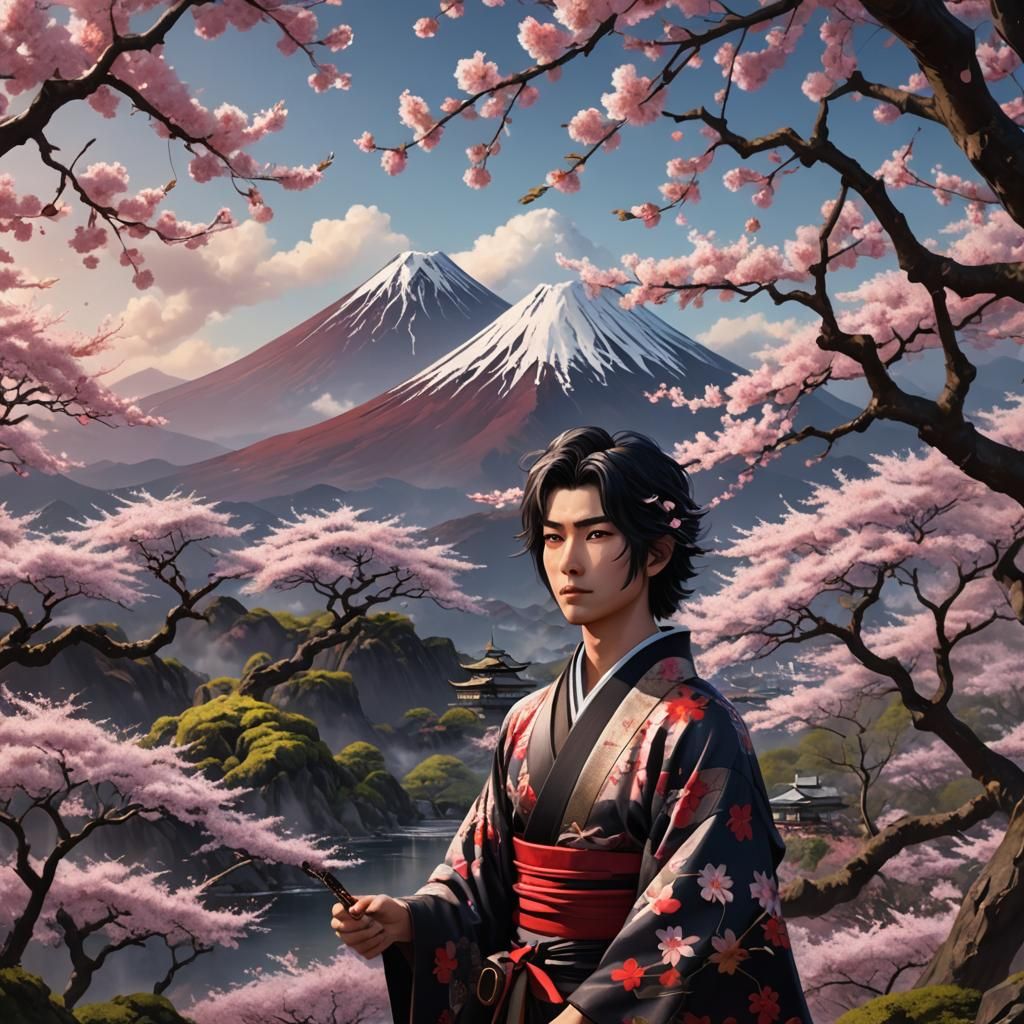 Boy in Kimono in Front of Volcano