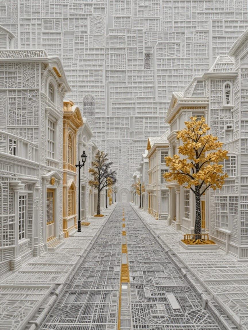 Surreal White Lattice City Street Artwork