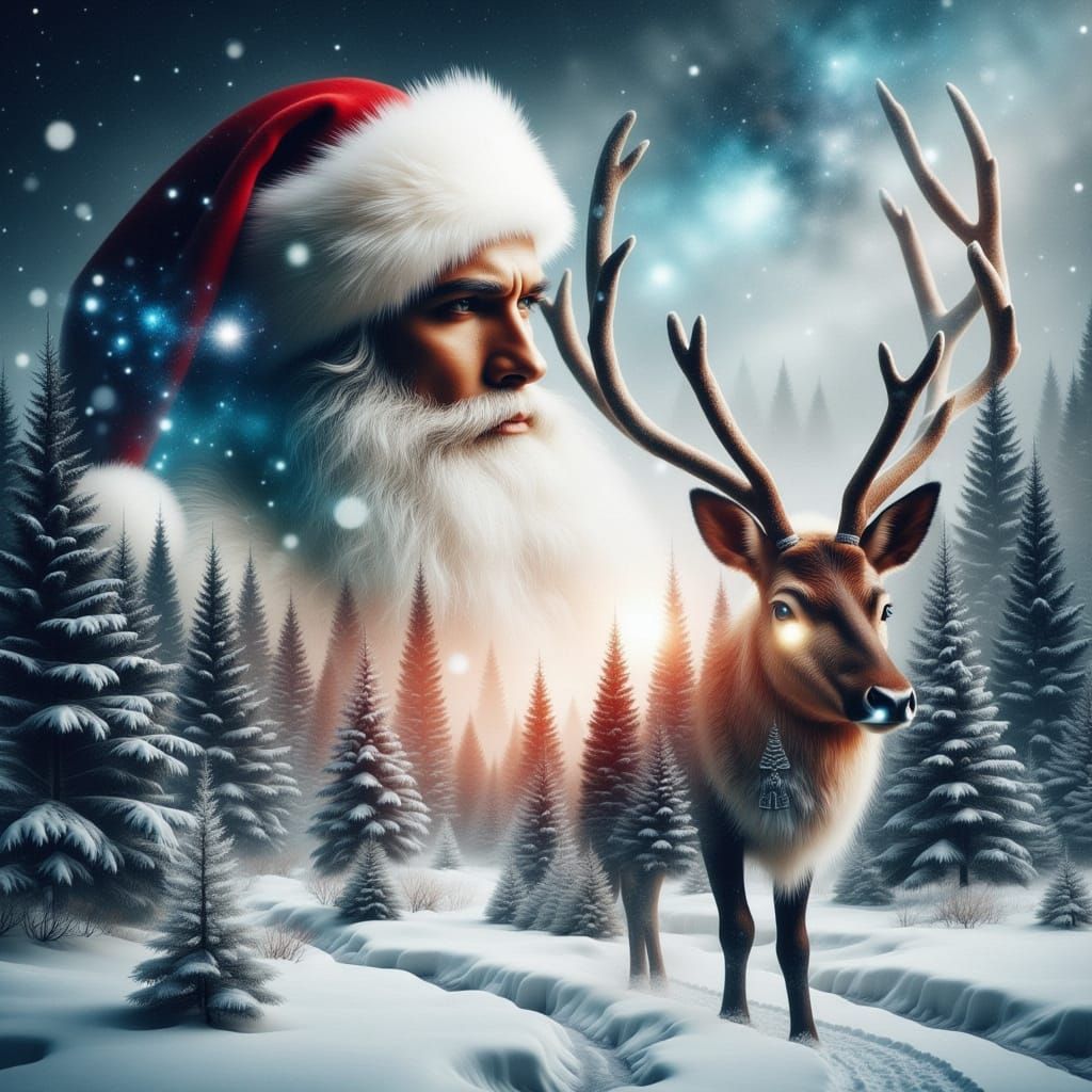Santa and Reindeer Double Exposure in Snowy Wonderland