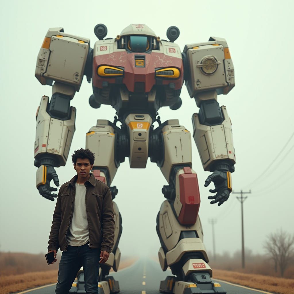 Hyper-Realistic Cyberpunk Mech in Desolate Rural Landscape