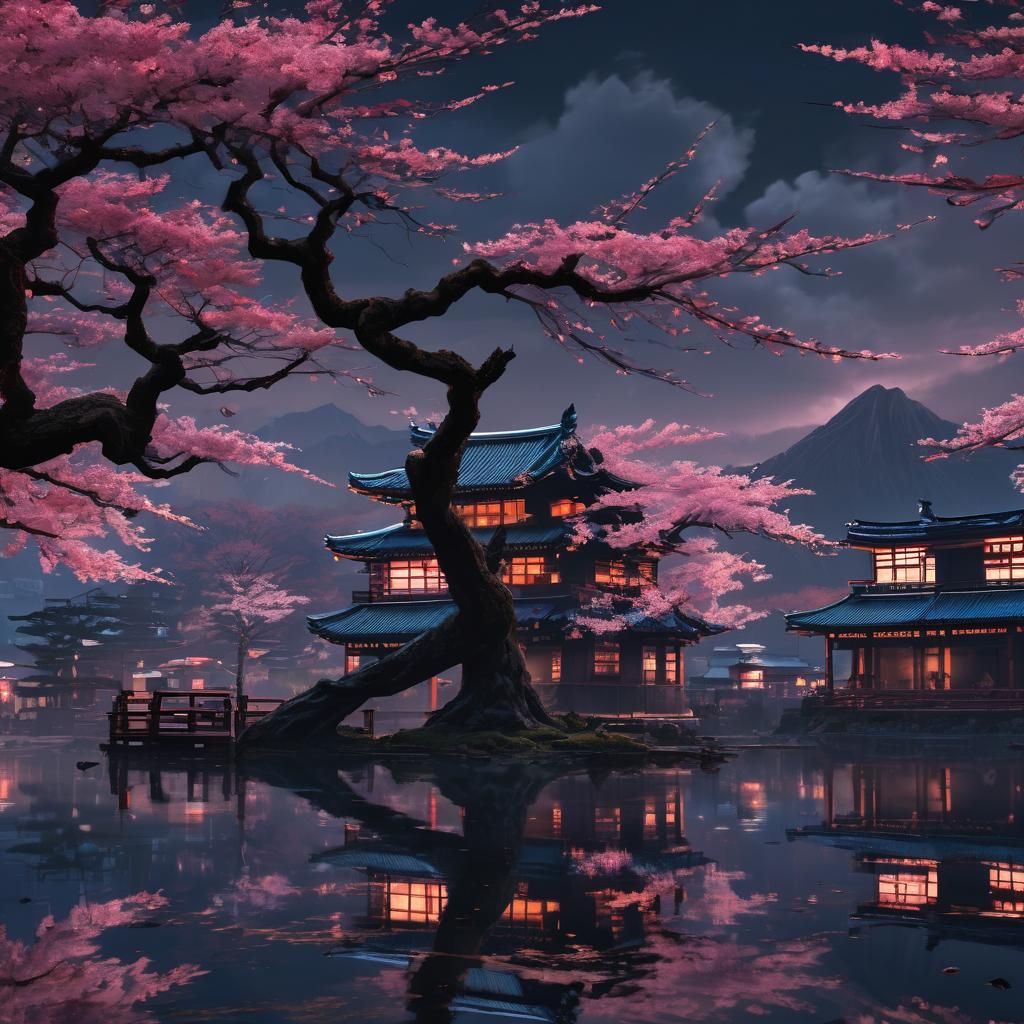 Sakura Tree by Lake in Cyberpunk Style