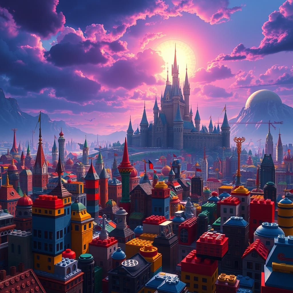 Surreal Lego Metropolis in Vibrant, Detailed Style