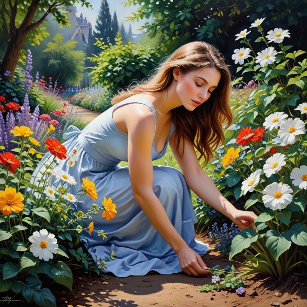 Woman Smelling Flowers: Impressionistic Oil Painting
