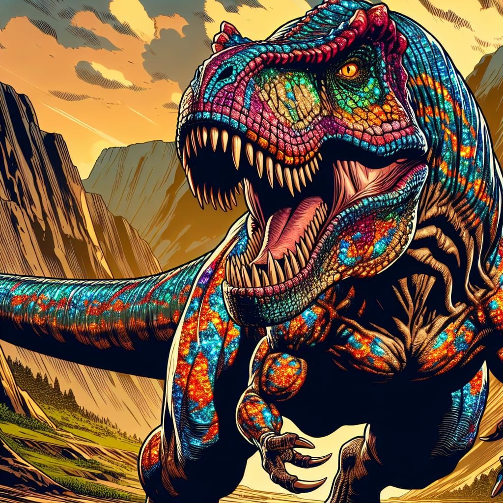 Gargantuan T-Rex with Harlequin Opal Skin and Amber Eyes