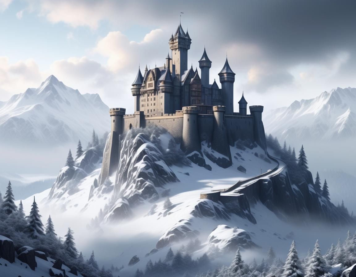 Hyperrealistic Dark Castle on Snowy Mountain in Mist