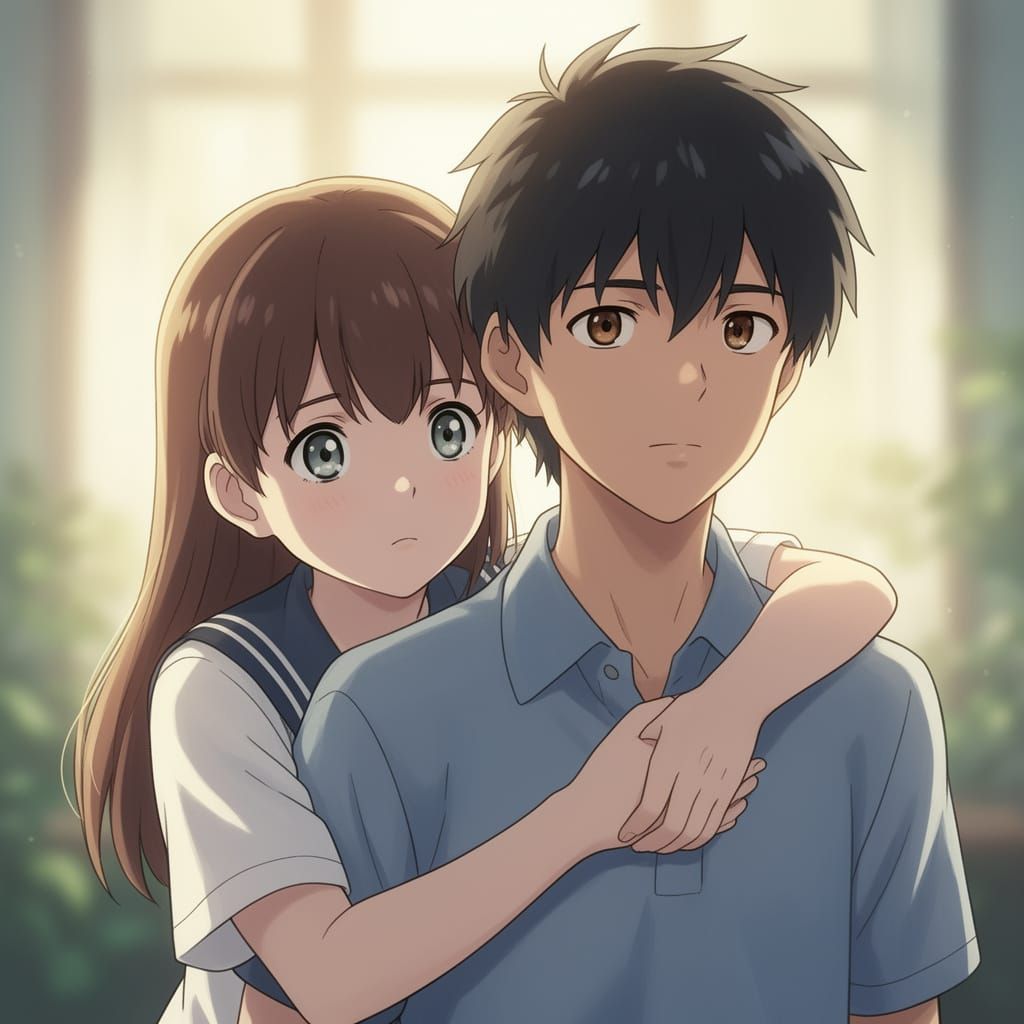 Anime Style Students Embrace in Soft Halo Lighting