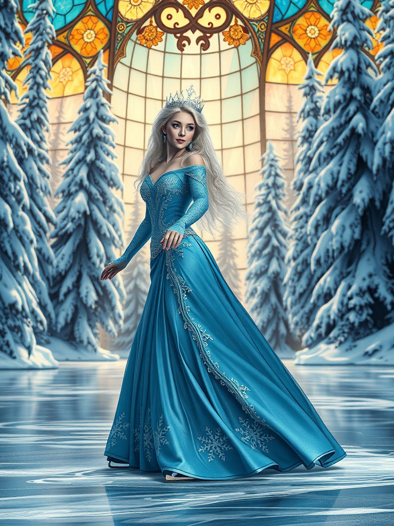 Ice Princess Skating on Frozen Lake with Stained Glass