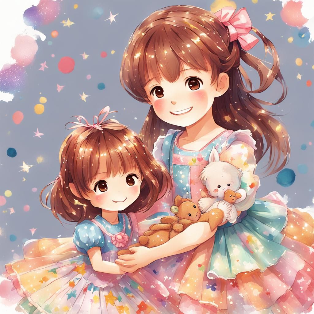 With bright and realistic colors: “A smiling six-year-old anime girl with beautiful eyes, bright brown hair, and a beaut...