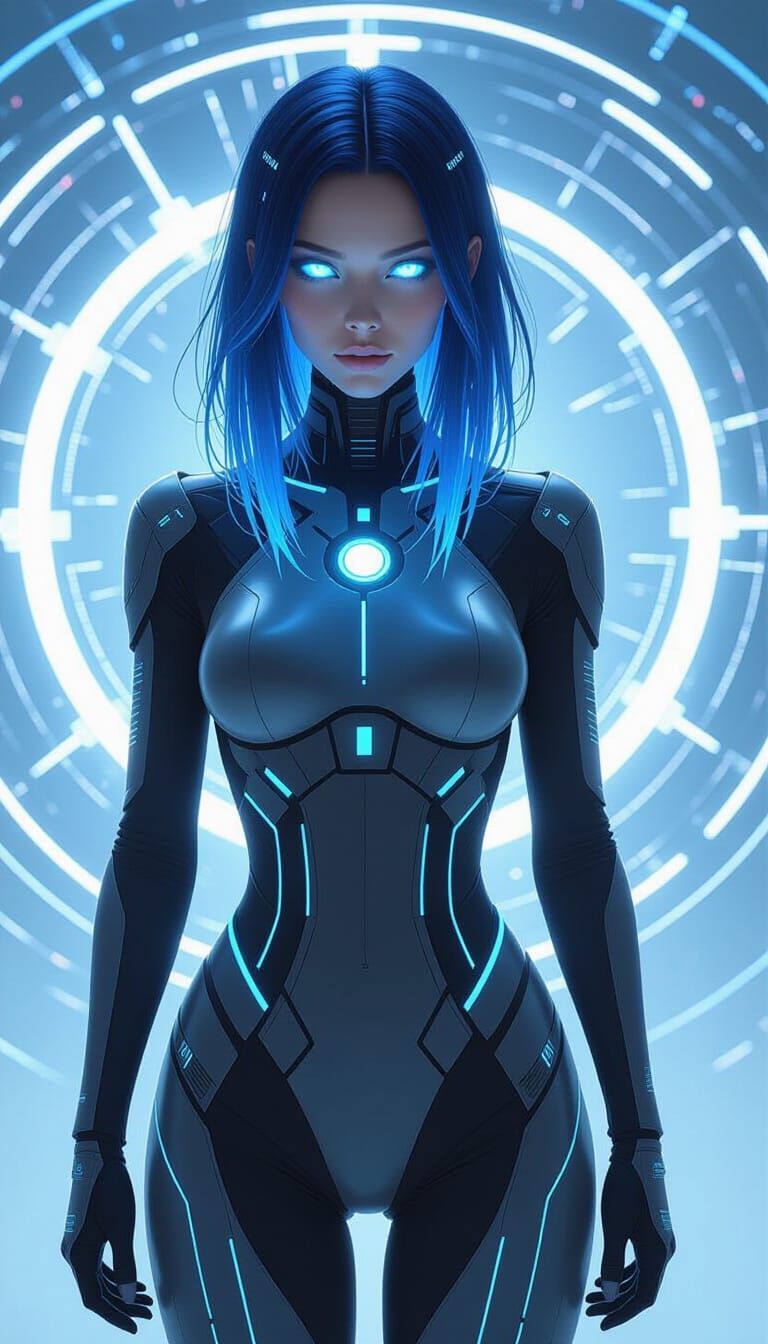 Cyberpunk AI Companion with Data-Ribbon Bodysuit