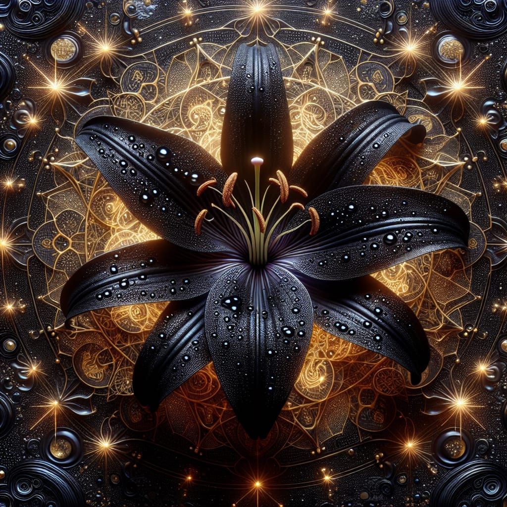 Hyper-Realistic Black Lily with Celestial Runes