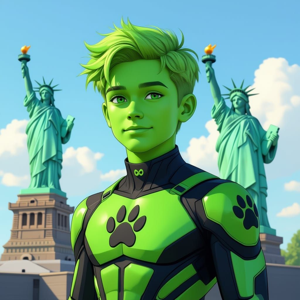 Green-Haired Hero Stands on American Monument