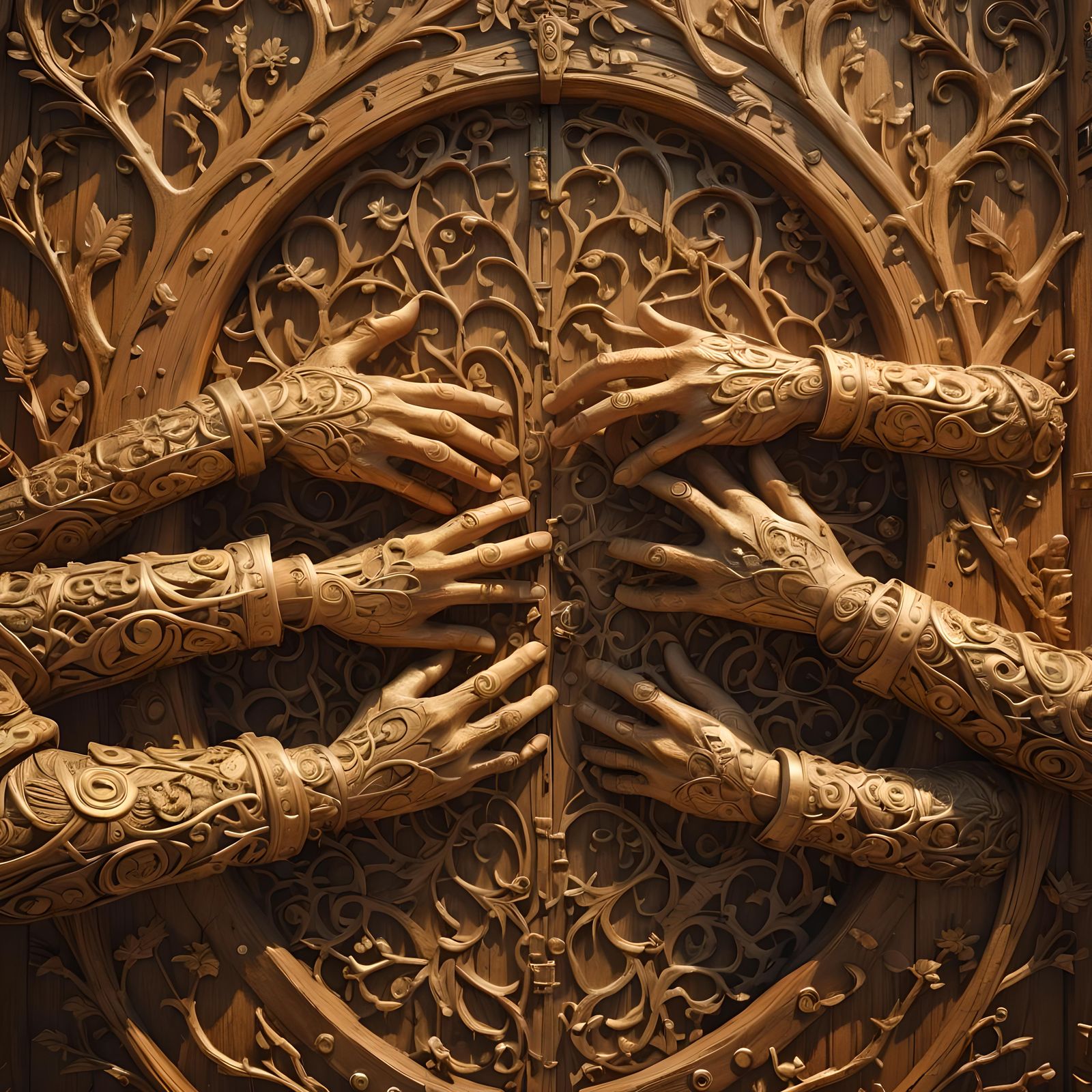 Ethereal Wood Hands Carving an Open Gate