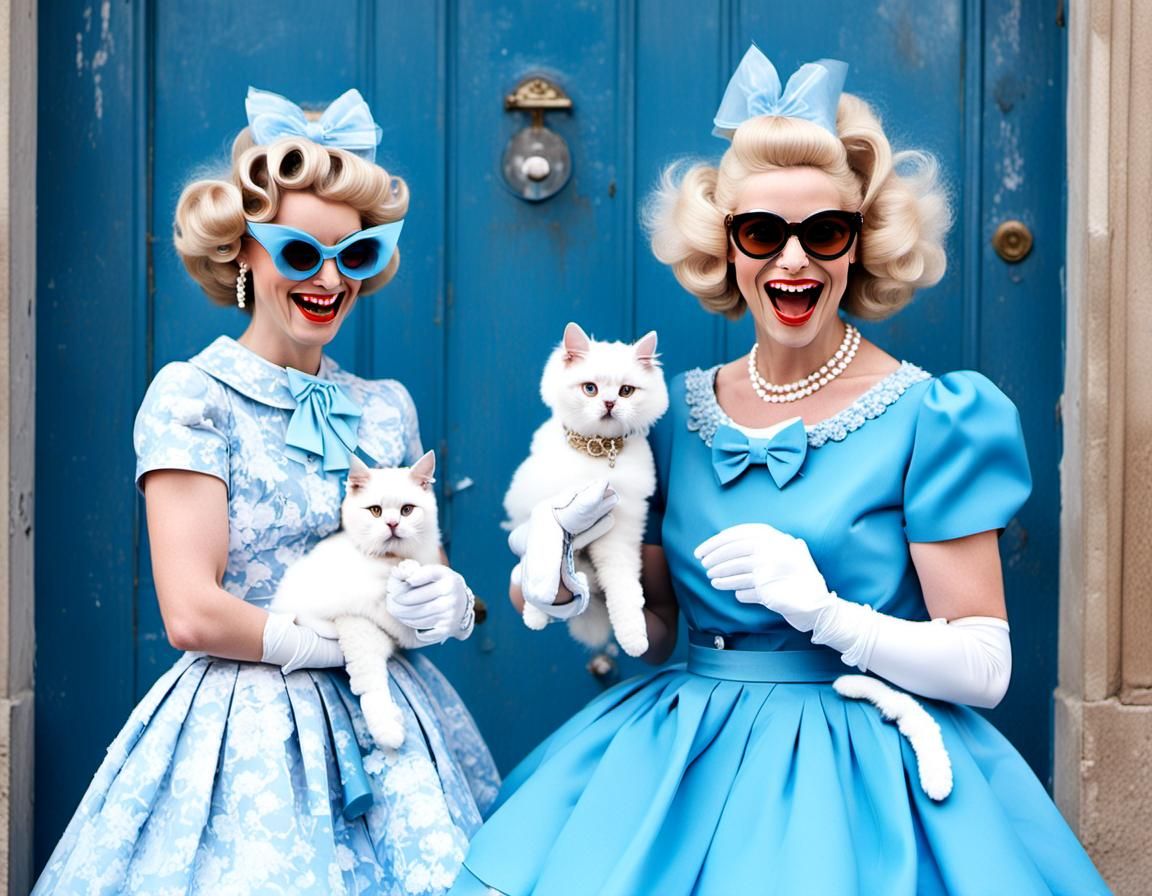 Vintage Fashionista Delighted by Cat, Comic Art