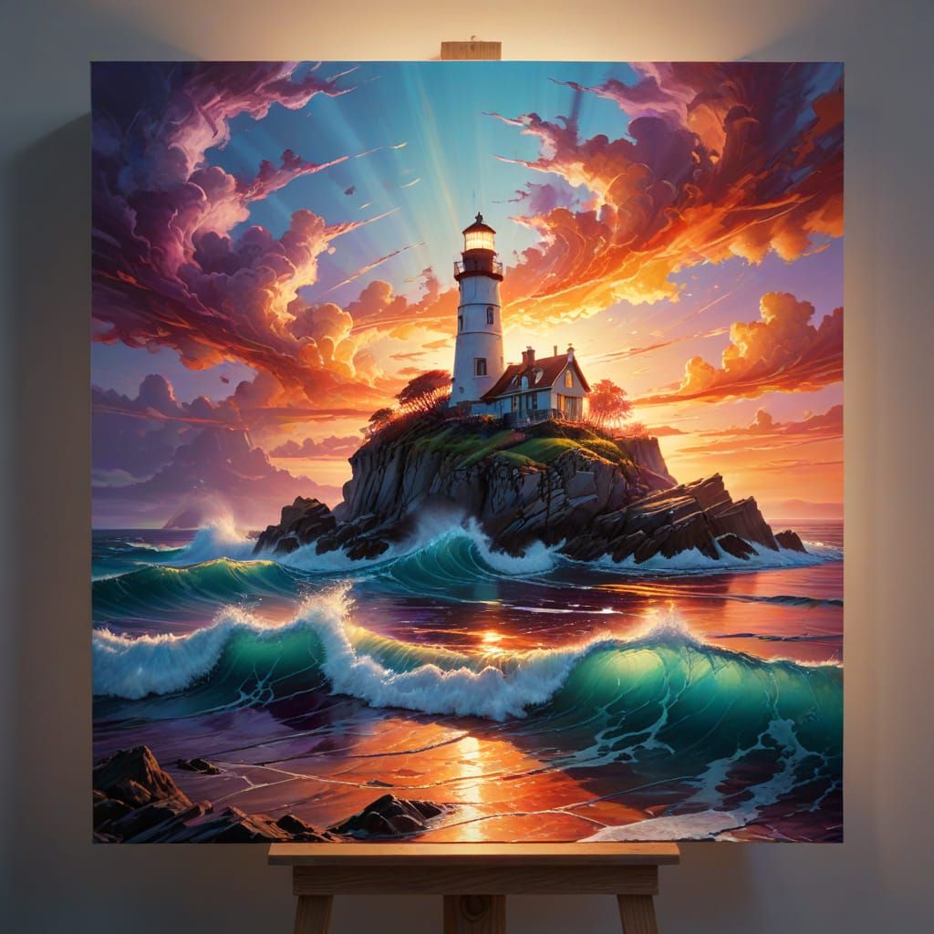 Lighthouse at Sunset: Hyperrealistic Fine Art Painting