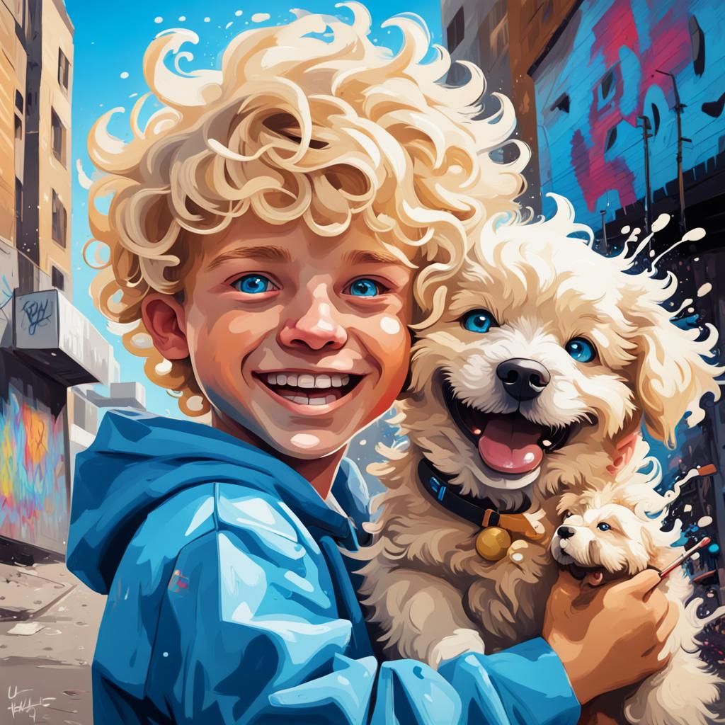 Boy with Puppy: Graffiti Art in Polychromatic Style