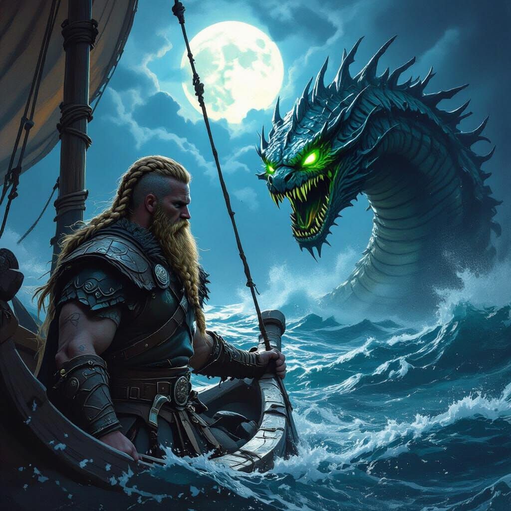 Viking Ferryman Battles Sea Monster Under Full Moon